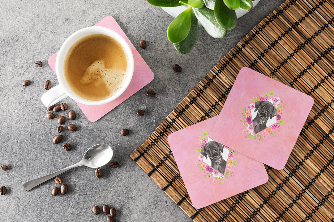 Black Labrador Pink Flowers Foam Coaster Set of 4 Image 3