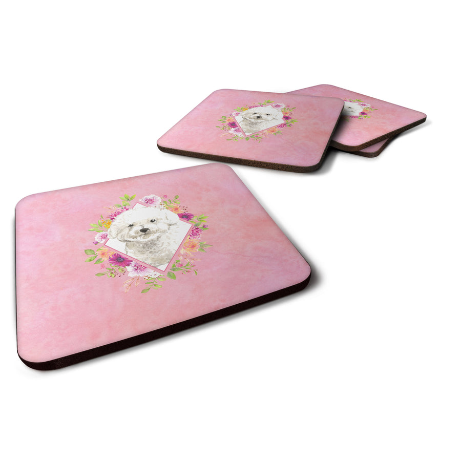 Bichon Frise Pink Flowers Foam Coaster Set of 4 Image 1