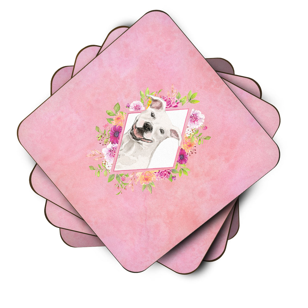 White Pit Bull Terrier Pink Flowers Foam Coaster Set of 4 Image 2