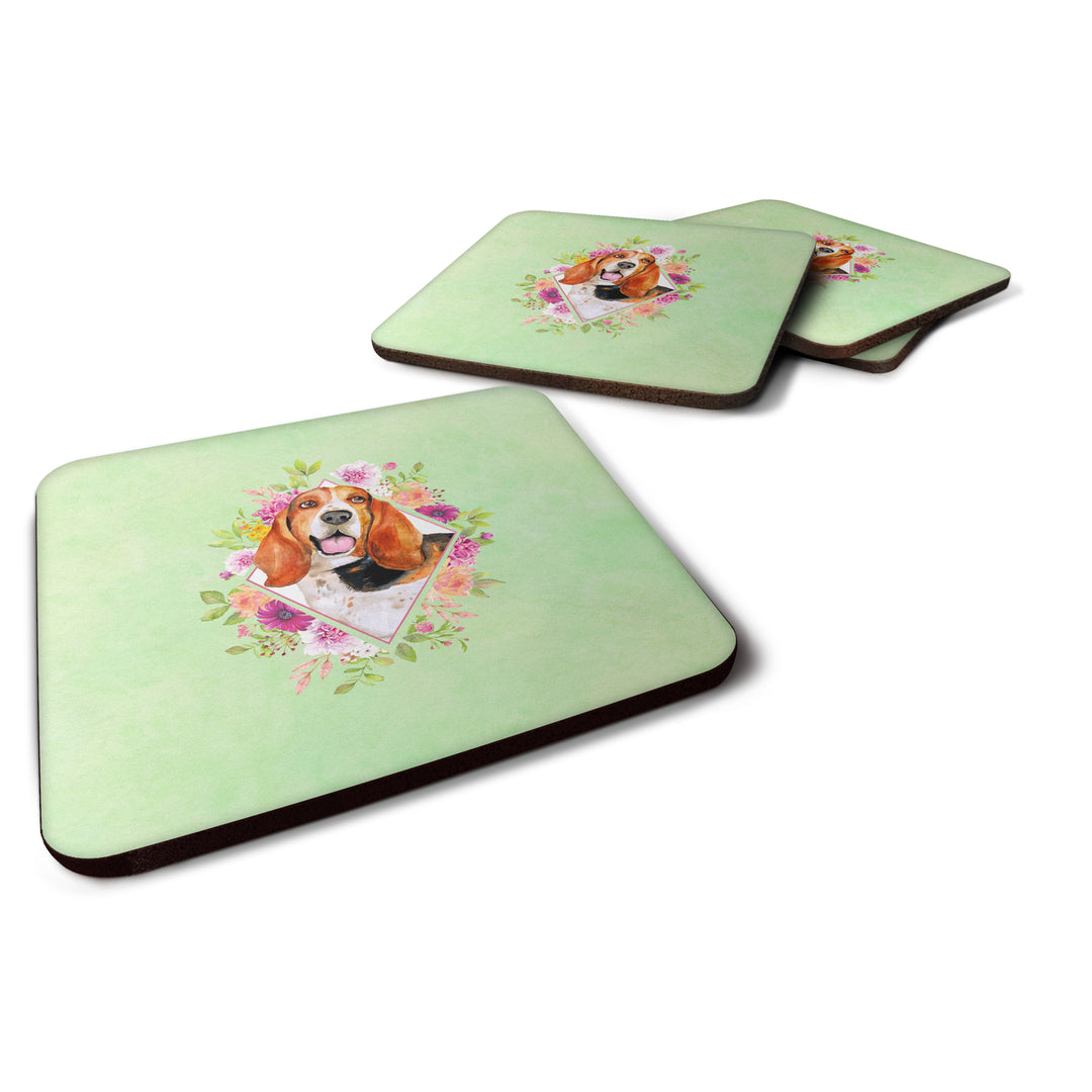 Basset Hound Green Flowers Foam Coaster Set of 4 Image 1