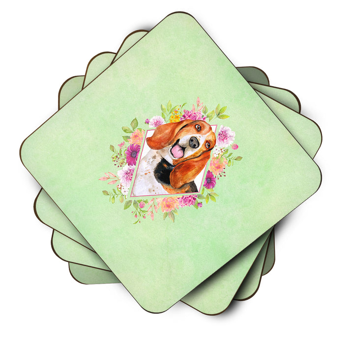 Basset Hound Green Flowers Foam Coaster Set of 4 Image 2