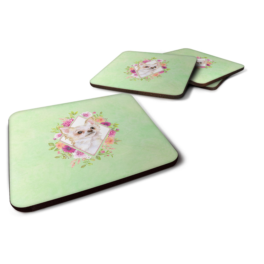 Long Hair Chihuahua Green Flowers Foam Coaster Set of 4 Image 1