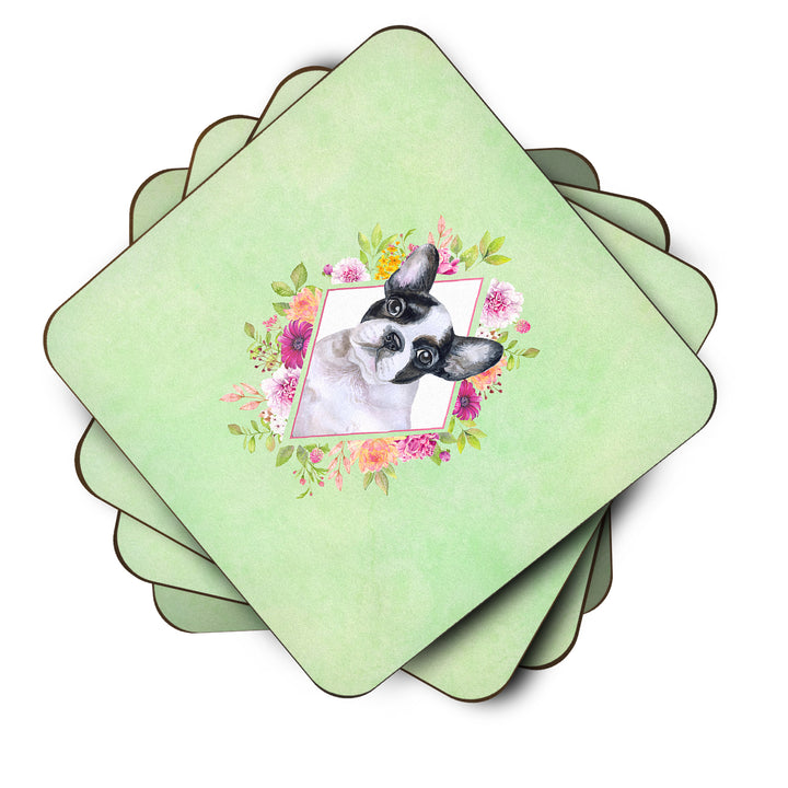 French Bulldog Green Flowers Foam Coaster Set of 4 Image 2