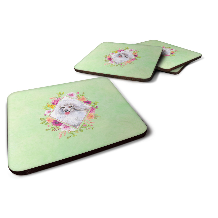 White Mini Poodle Green Flowers Foam Coaster Set of 4 Image 1