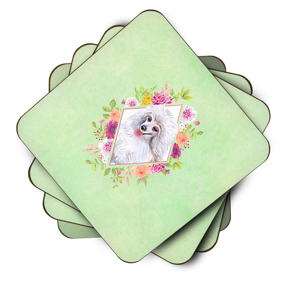 White Mini Poodle Green Flowers Foam Coaster Set of 4 Image 2