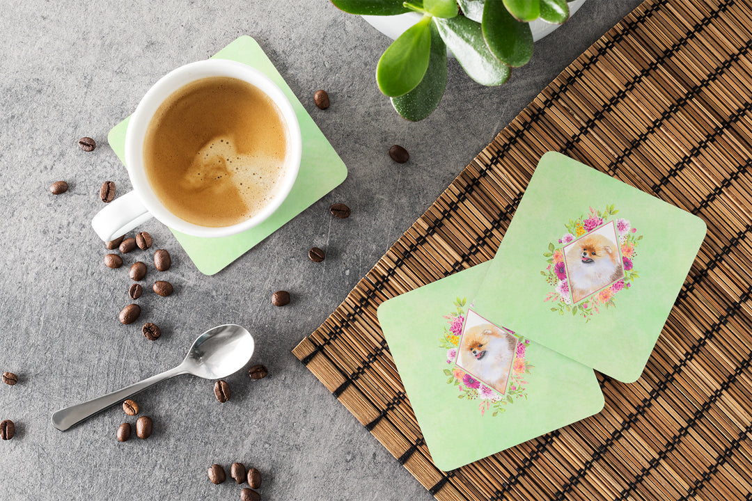 Pomeranian Style 2 Green Flowers Foam Coaster Set of 4 Image 3