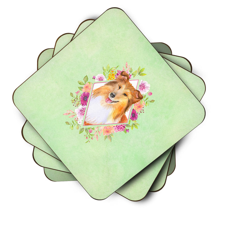 Sheltie Shetland Sheepdog Green Flowers Foam Coaster Set of 4 Image 2