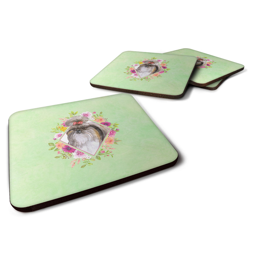 Shih Tzu Green Flowers Foam Coaster Set of 4 Image 1