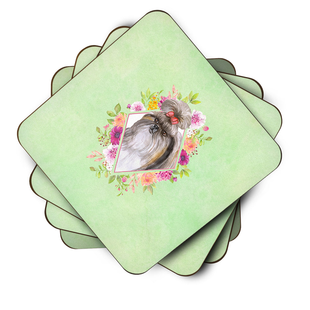 Shih Tzu Green Flowers Foam Coaster Set of 4 Image 2