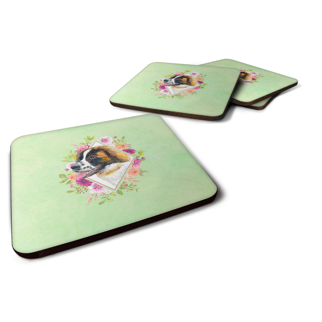 Saint Bernard Style 2 Green Flowers Foam Coaster Set of 4 Image 1