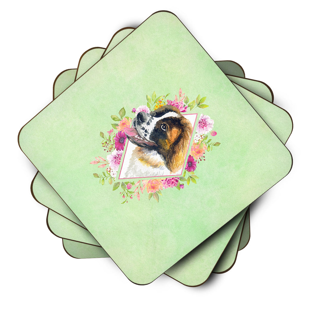 Saint Bernard Style 2 Green Flowers Foam Coaster Set of 4 Image 2