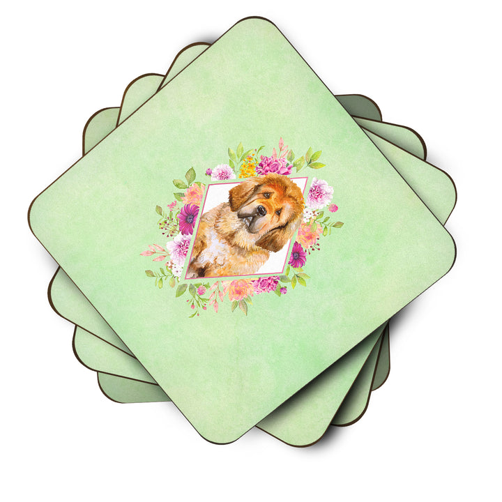 Tibetian Mastiff Puppy Green Flowers Foam Coaster Set of 4 Image 2