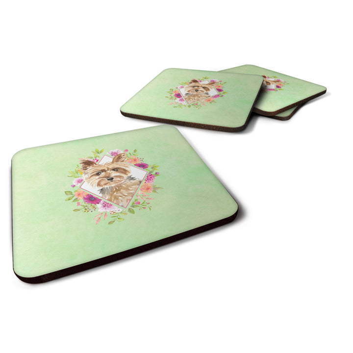 Yorkie Green Flowers Foam Coaster Set of 4 Image 1