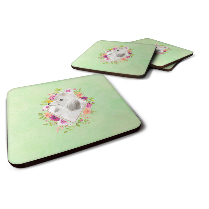 White Standard Poodle Green Flowers Foam Coaster Set of 4 Image 1