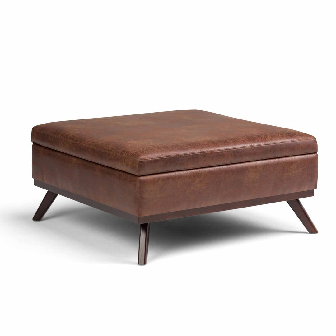 Owen Medium Square Coffee Table Ottoman Distressed Vegan Leather Storage 36x36 Image 1