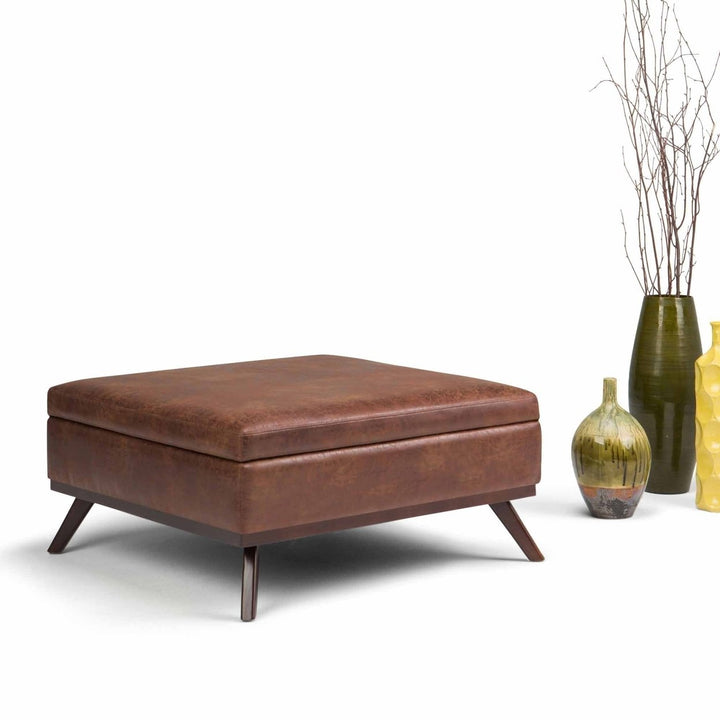 Owen Medium Square Coffee Table Ottoman Distressed Vegan Leather Storage 36x36 Image 6