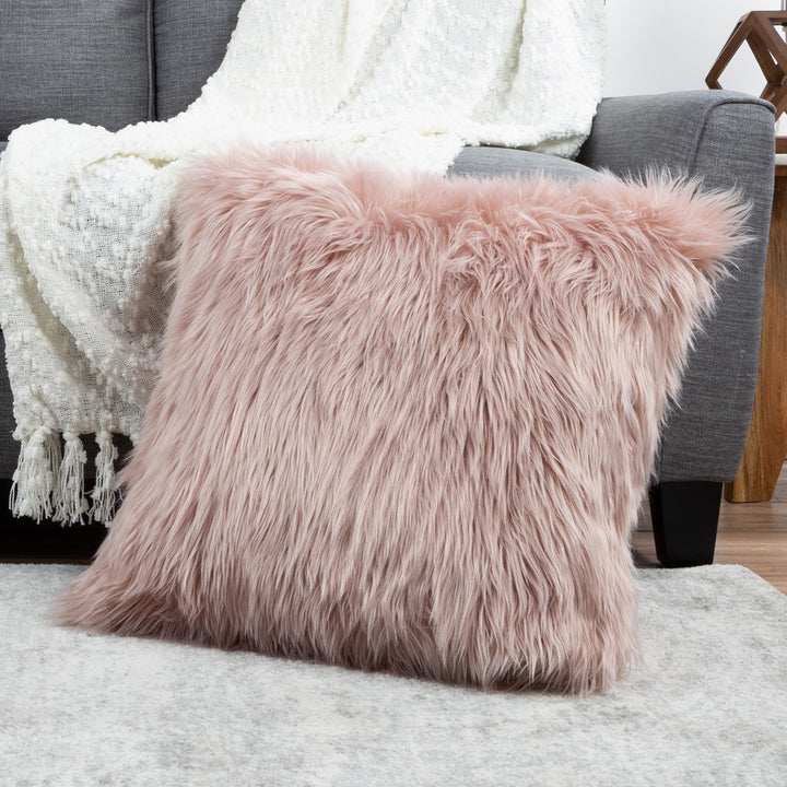 Large Throw Pillow Pink Shag Furry Decor for Couch or Bed 22 Inches Image 1