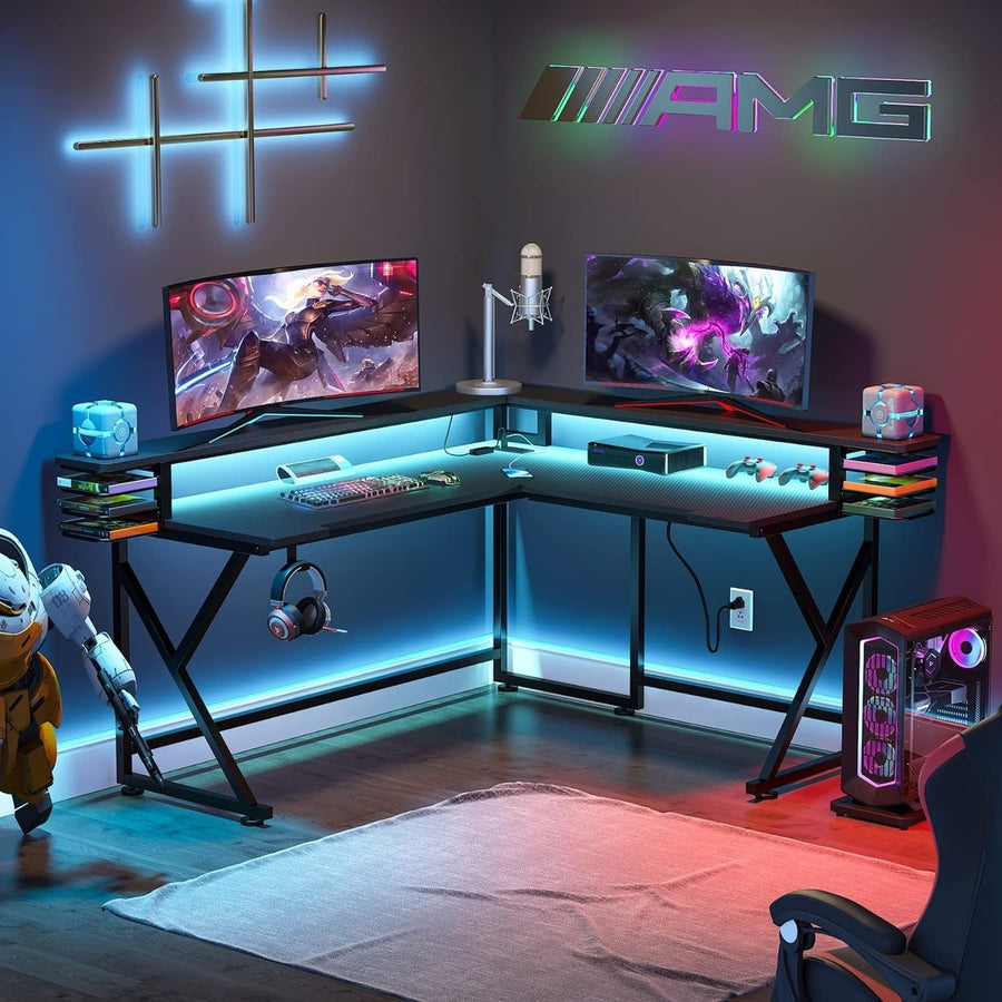 L Shaped Gaming Desk with Led Lights and Power Outlet, Corner Computer Desk with Monitor Stand, PC Stand Shelf, Image 1