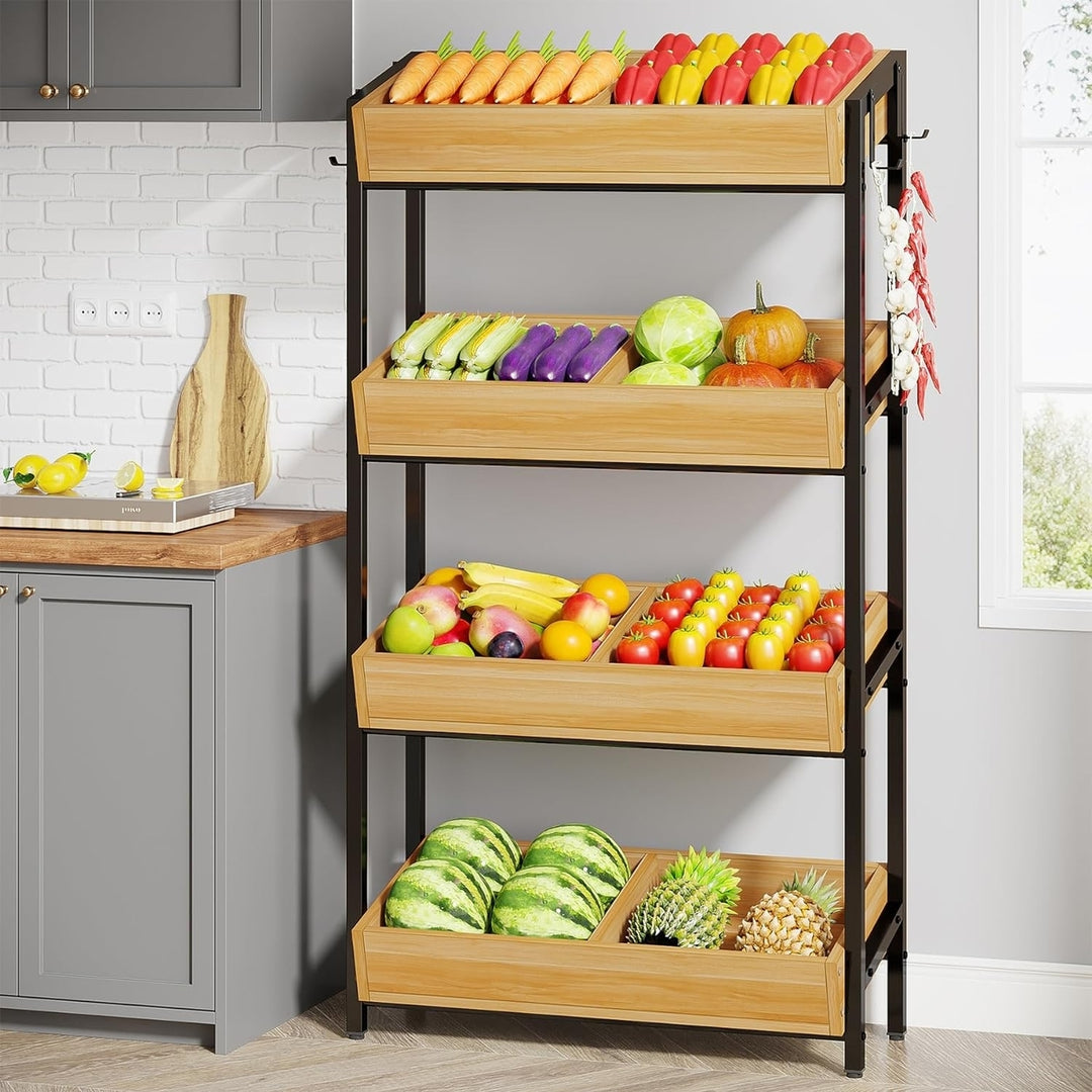 Wood Fruit Vegetable Storage Rack Stand,4-Tier Wood Snack Rack Basket Organizer Rack Image 5
