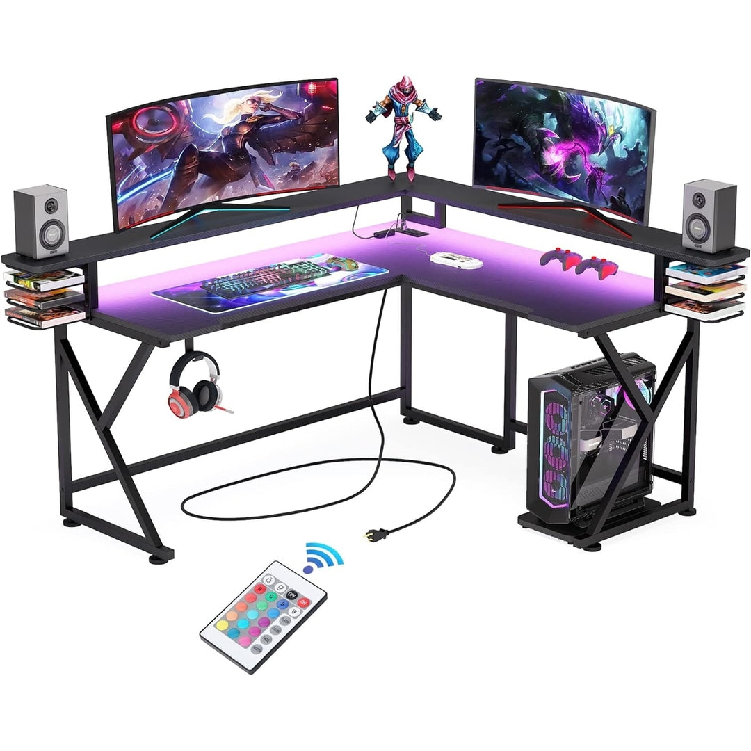 L Shaped Gaming Desk with Led Lights and Power Outlet, Corner Computer Desk with Monitor Stand, PC Stand Shelf, Image 5