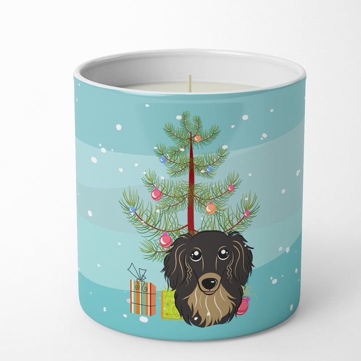 Christmas Tree and Longhair Black and Tan Dachshund 10 oz Decorative Soy Candle Image 1