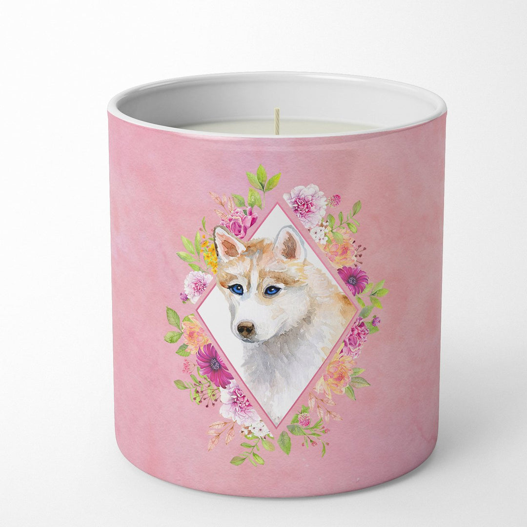 Red Siberian Husky Pink Flowers 10 oz Decorative Soy Candle Image 1