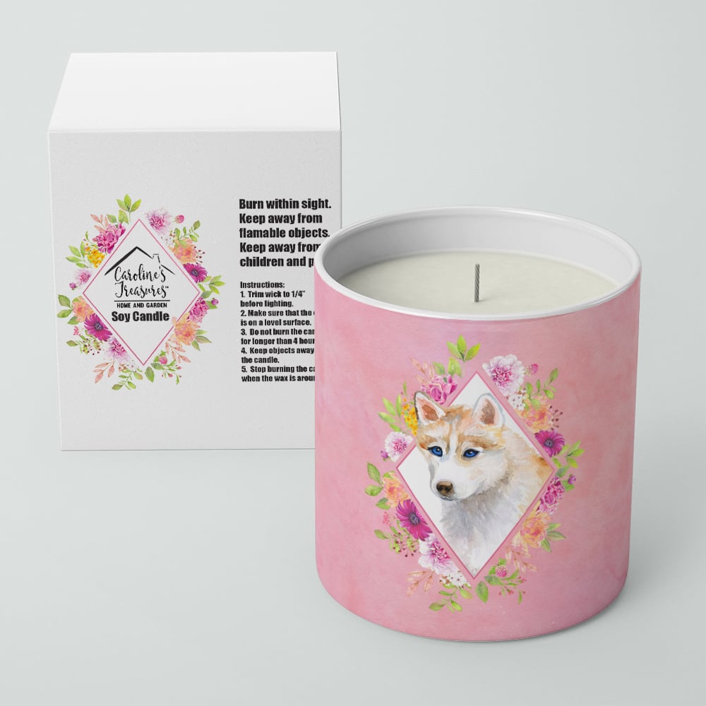 Red Siberian Husky Pink Flowers 10 oz Decorative Soy Candle Image 2