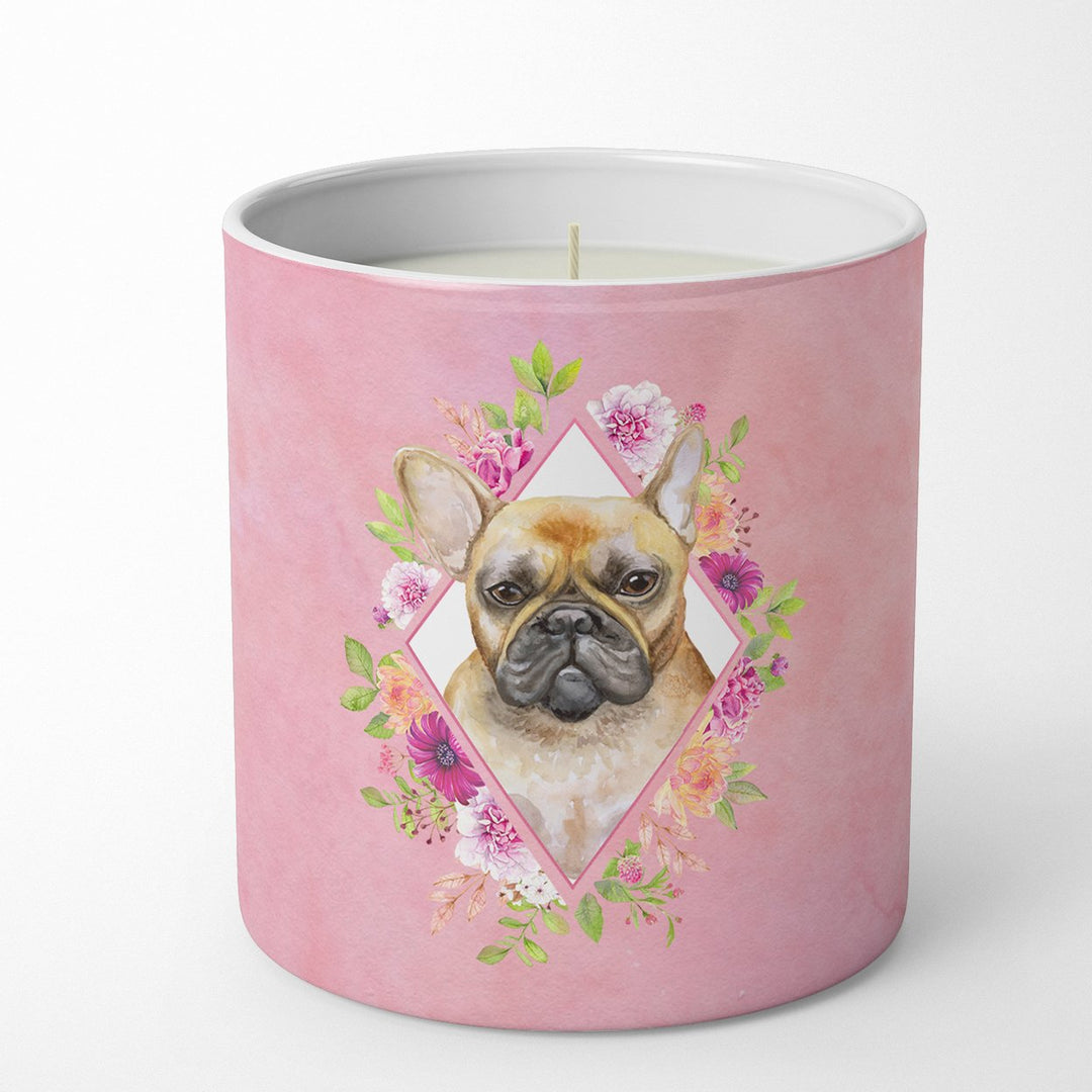 Fawn French Bulldog Pink Flowers 10 oz Decorative Soy Candle Image 1