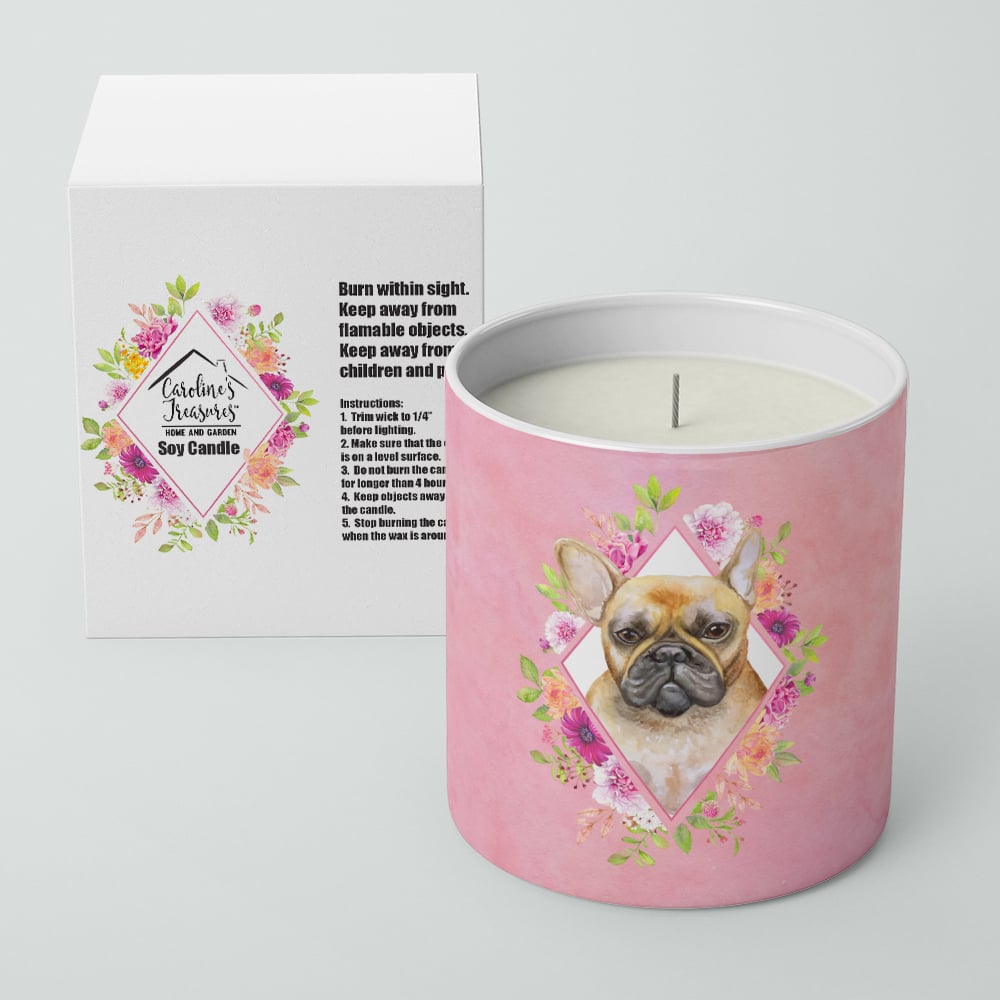 Fawn French Bulldog Pink Flowers 10 oz Decorative Soy Candle Image 2