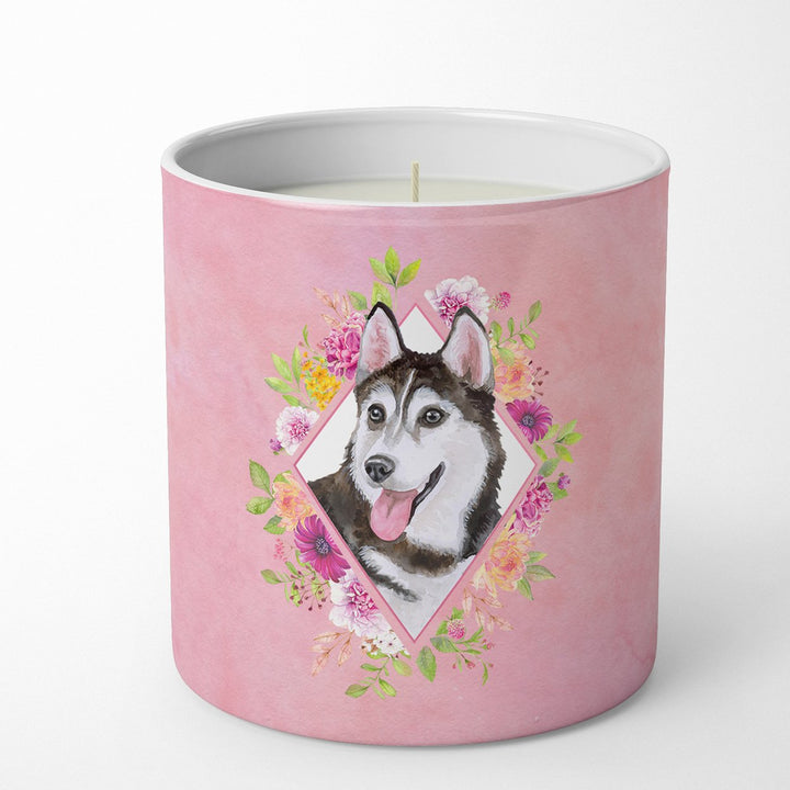 Siberian Husky Style 1 Pink Flowers 10 oz Decorative Soy Candle Image 1