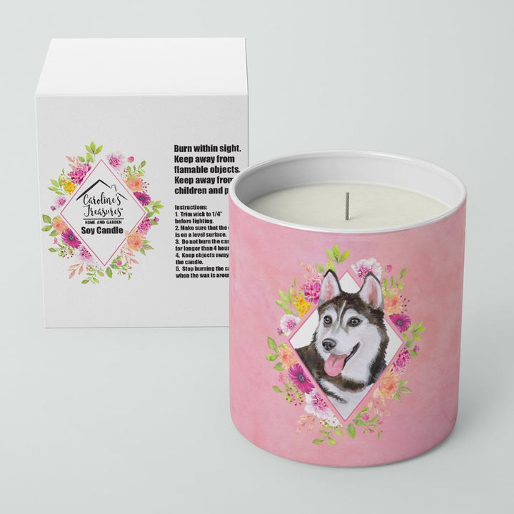 Siberian Husky Style 1 Pink Flowers 10 oz Decorative Soy Candle Image 2