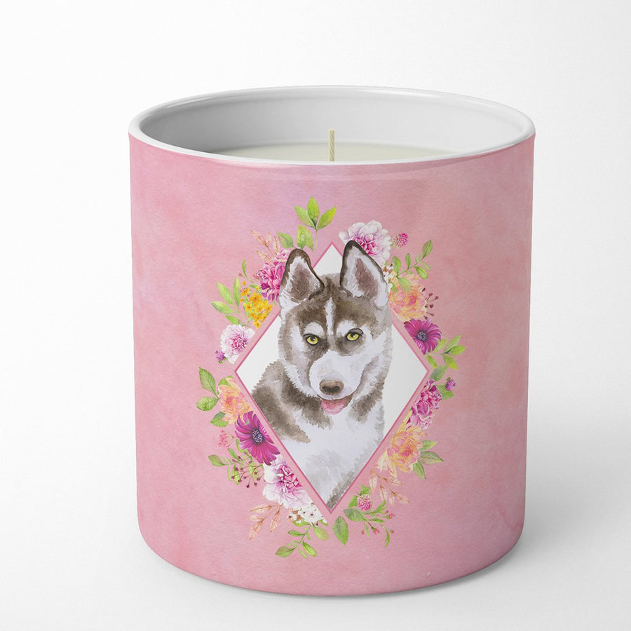 Siberian Husky Style 2 Pink Flowers 10 oz Decorative Soy Candle Image 1