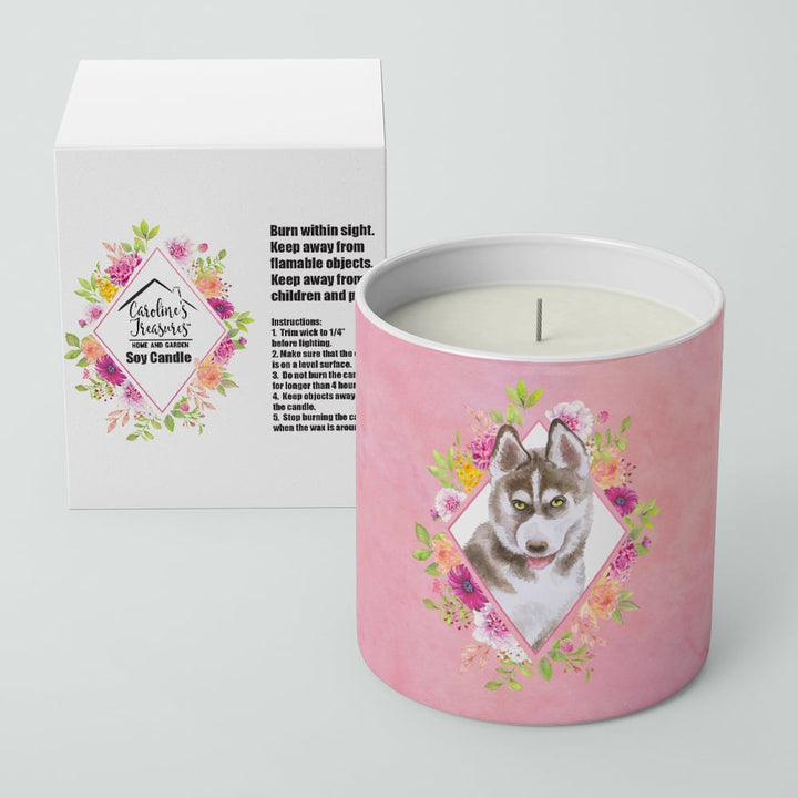 Siberian Husky Style 2 Pink Flowers 10 oz Decorative Soy Candle Image 2