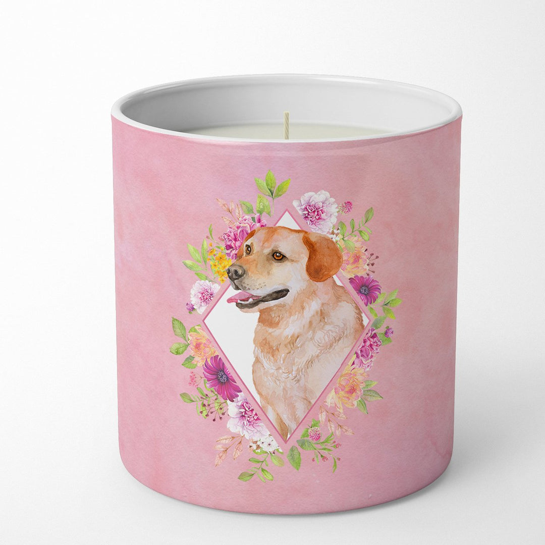 Yellow Labrador Retriever Pink Flowers 10 oz Decorative Soy Candle Image 1