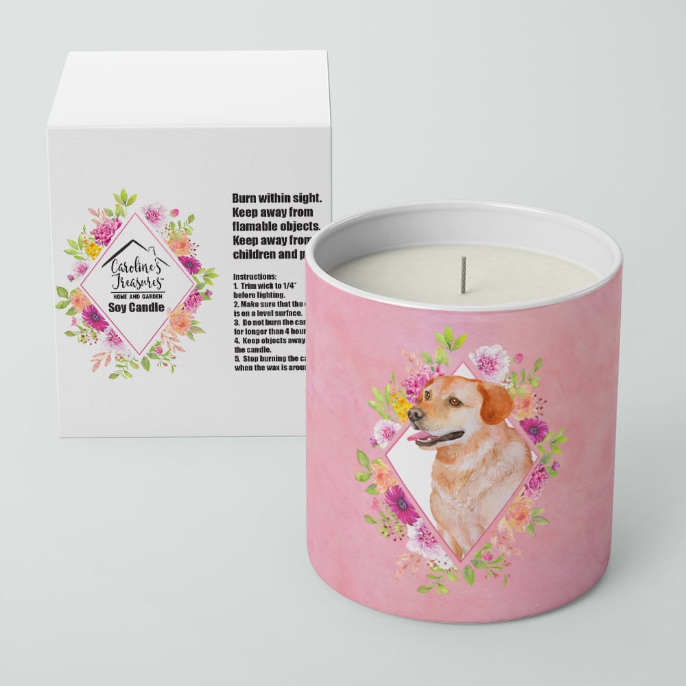 Yellow Labrador Retriever Pink Flowers 10 oz Decorative Soy Candle Image 2