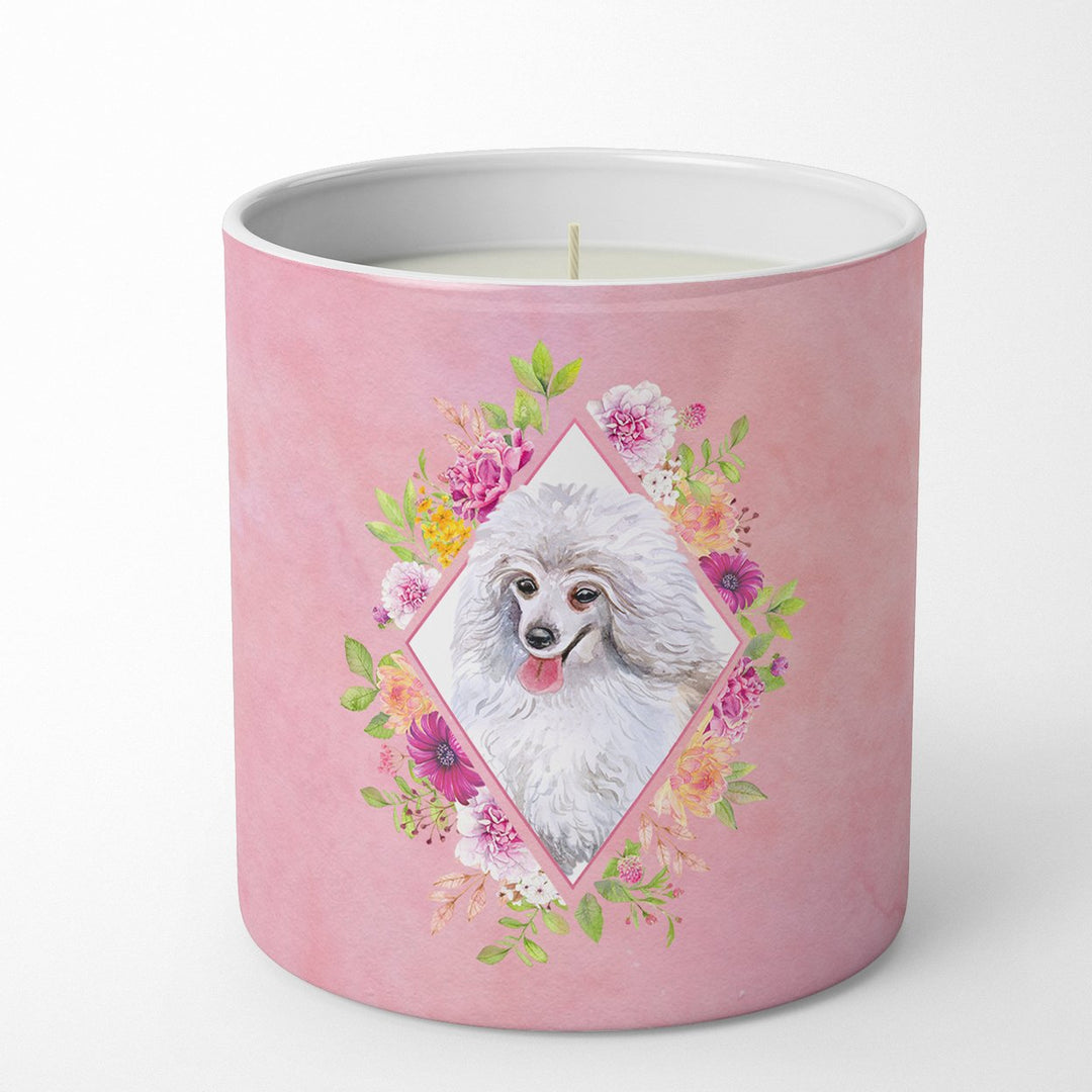 White Mini Poodle Pink Flowers 10 oz Decorative Soy Candle Image 1