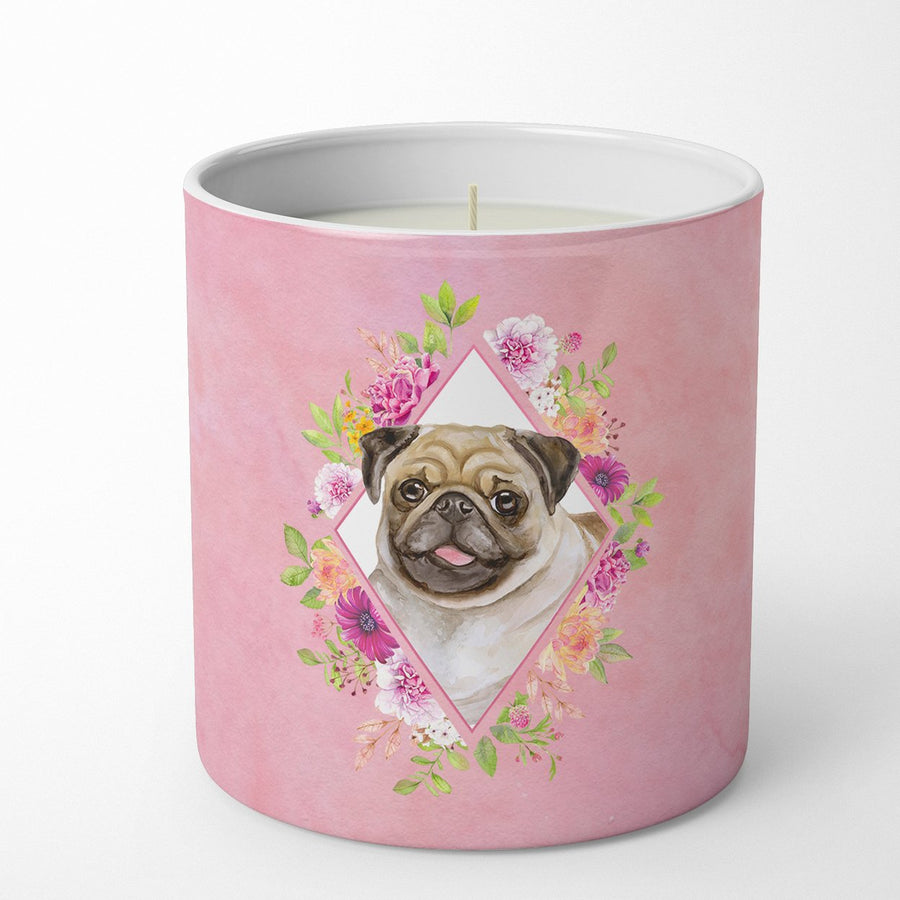 Fawn Pug Pink Flowers 10 oz Decorative Soy Candle Image 1