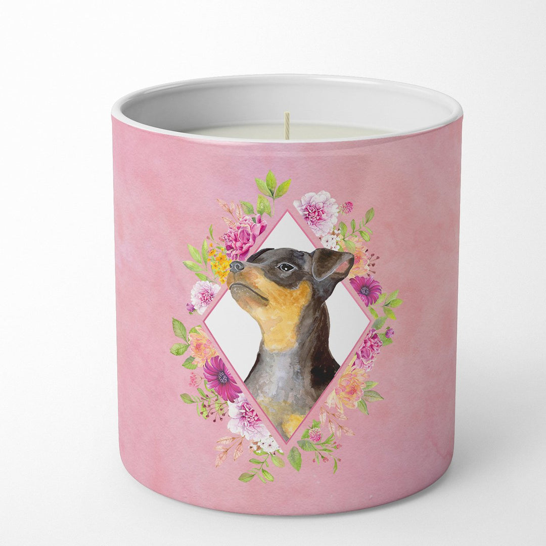 Black Miniature Pinscher Pink Flowers 10 oz Decorative Soy Candle Image 1