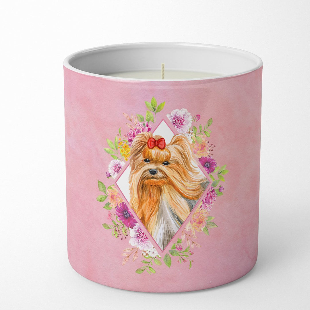 Yorkshire Terrier Style 2 Pink Flowers 10 oz Decorative Soy Candle Image 1