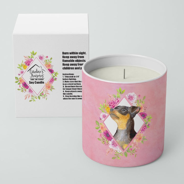 Black Miniature Pinscher Pink Flowers 10 oz Decorative Soy Candle Image 2