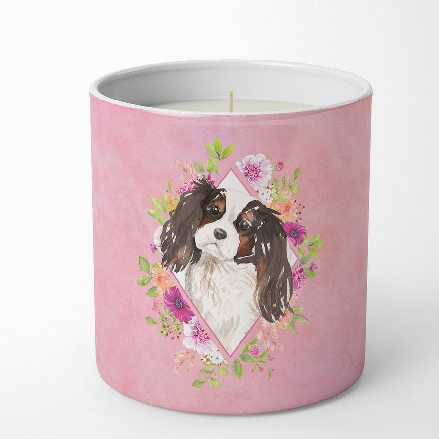 Tricolor Cavalier Spaniel Pink Flowers 10 oz Decorative Soy Candle Image 1