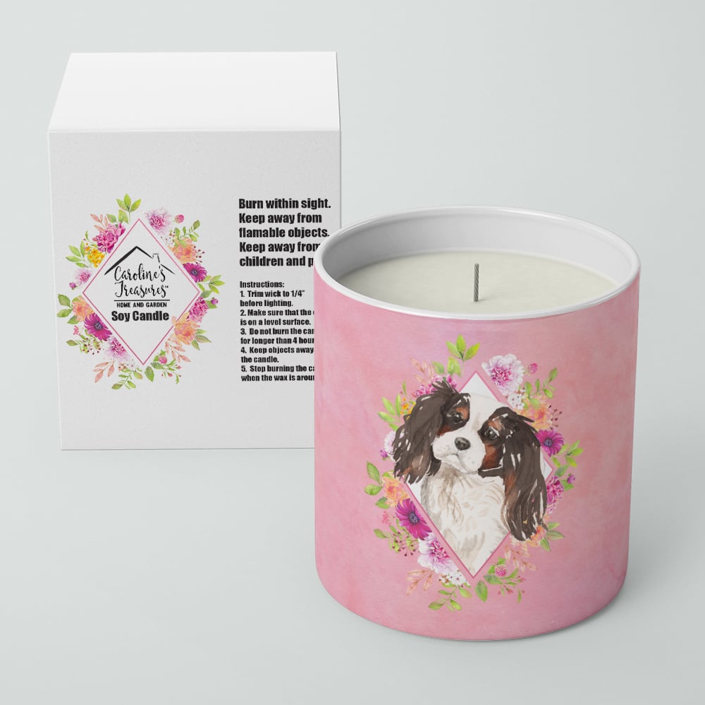 Tricolor Cavalier Spaniel Pink Flowers 10 oz Decorative Soy Candle Image 2