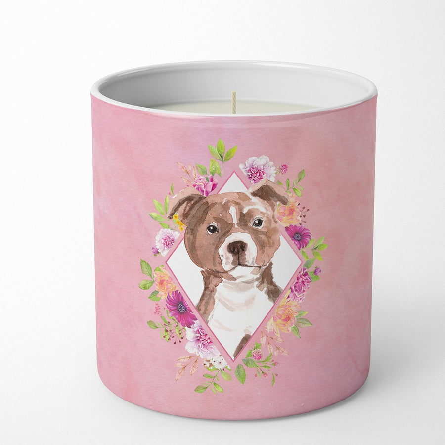 Staffie Bull Terrier Pink Flowers 10 oz Decorative Soy Candle Image 1