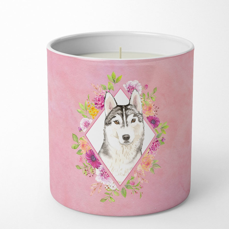 Siberian Husky Pink Flowers 10 oz Decorative Soy Candle Image 1