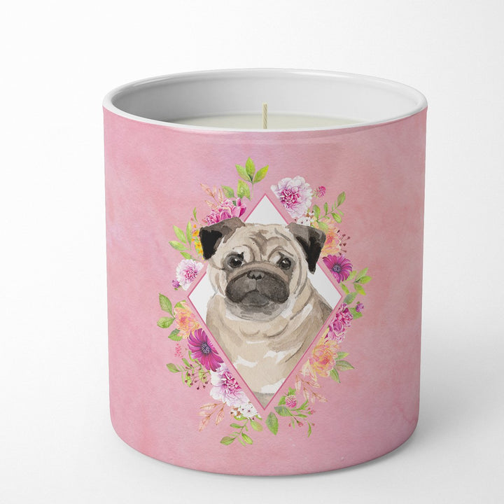 Fawn Pug Pink Flowers 10 oz Decorative Soy Candle Image 1