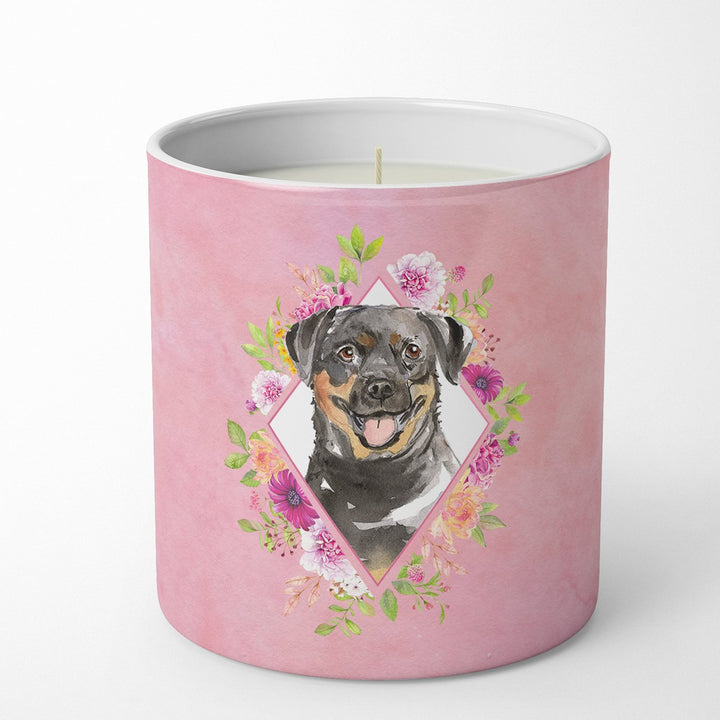 Rottweiler Pink Flowers 10 oz Decorative Soy Candle Image 1