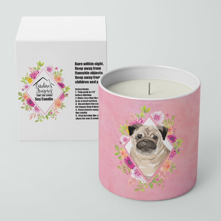 Fawn Pug Pink Flowers 10 oz Decorative Soy Candle Image 2