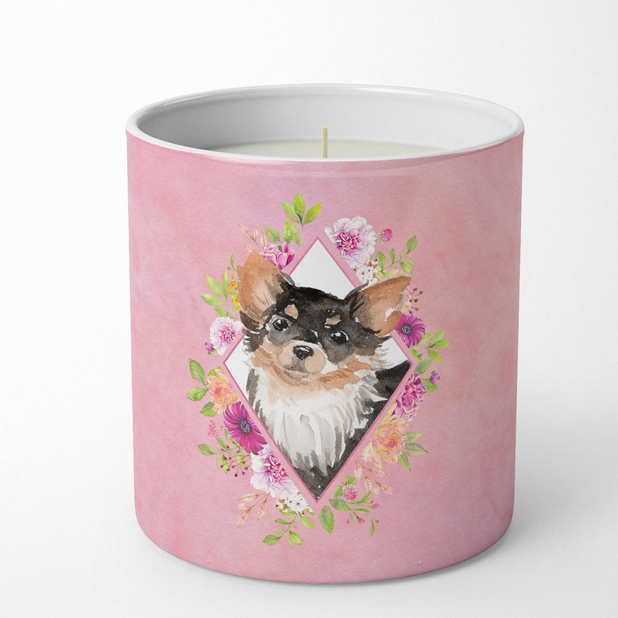 Longhaired Chihuahua Pink Flowers 10 oz Decorative Soy Candle Image 1