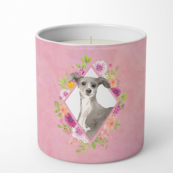 Italian Greyhound Pink Flowers 10 oz Decorative Soy Candle Image 1