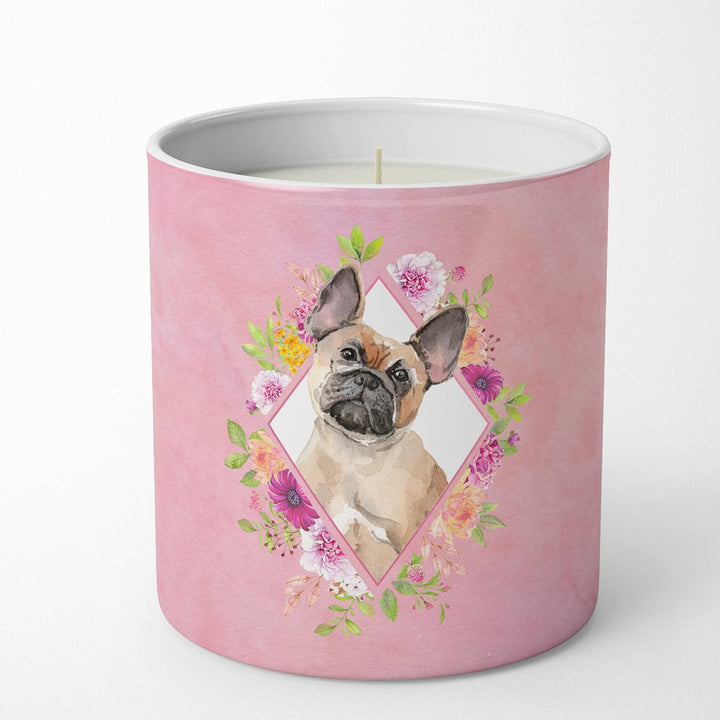 Fawn French Bulldog Pink Flowers 10 oz Decorative Soy Candle Image 1